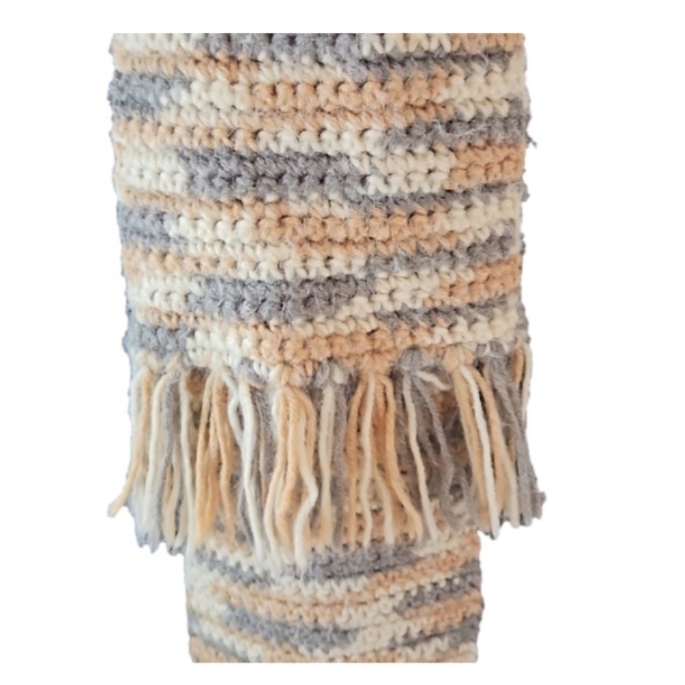 Handmade Crochet Scarf Gray Cream  Brown Upcycled Eco-Friendly Hand Knit Artisan - Picture 13 of 17